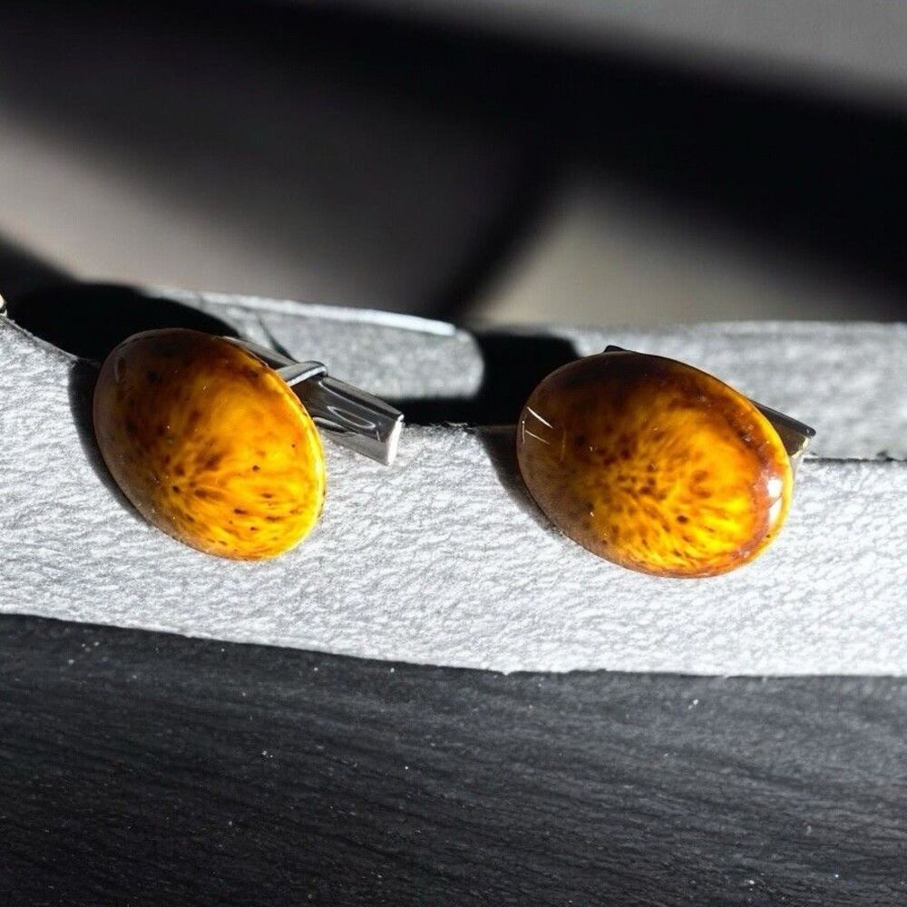 VTG Amber Brown Oval Cufflinks Silver tone Men Formal Wear Wedding Accessories